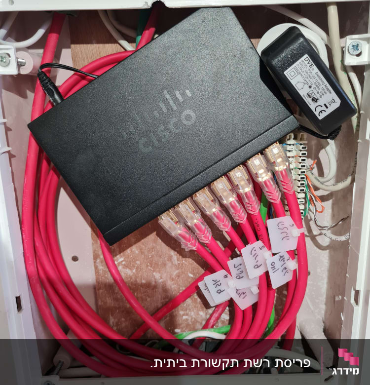 מתג רשת סיסקו עם כבלים אדומים מחוברים